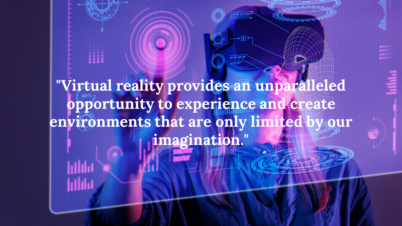 Virtual reality user engaged with a futuristic holographic interface, paired with a quote on the power of VR for creativity.