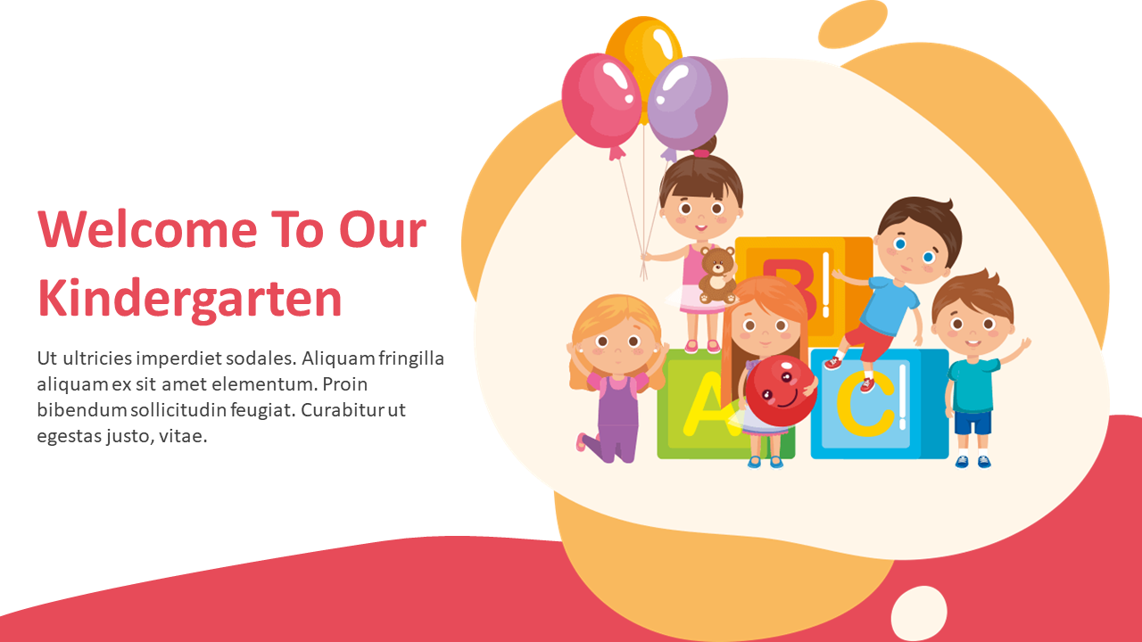 Colorful illustration of kindergarten welcome slide features children holding toys and balloons, with letter blocks.
