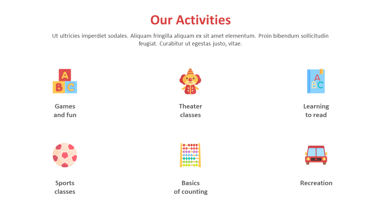 Slide showcasing various kindergarten activities from games and fun to recreation with icons on a white backdrop.