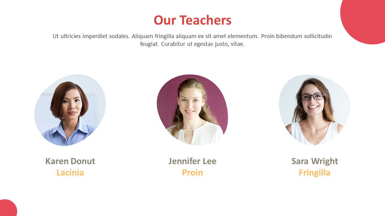 Slide featuring our teachers with portraits of 3 teachers Karen Donut, Jennifer Lee and Sara Wright with their name and role.