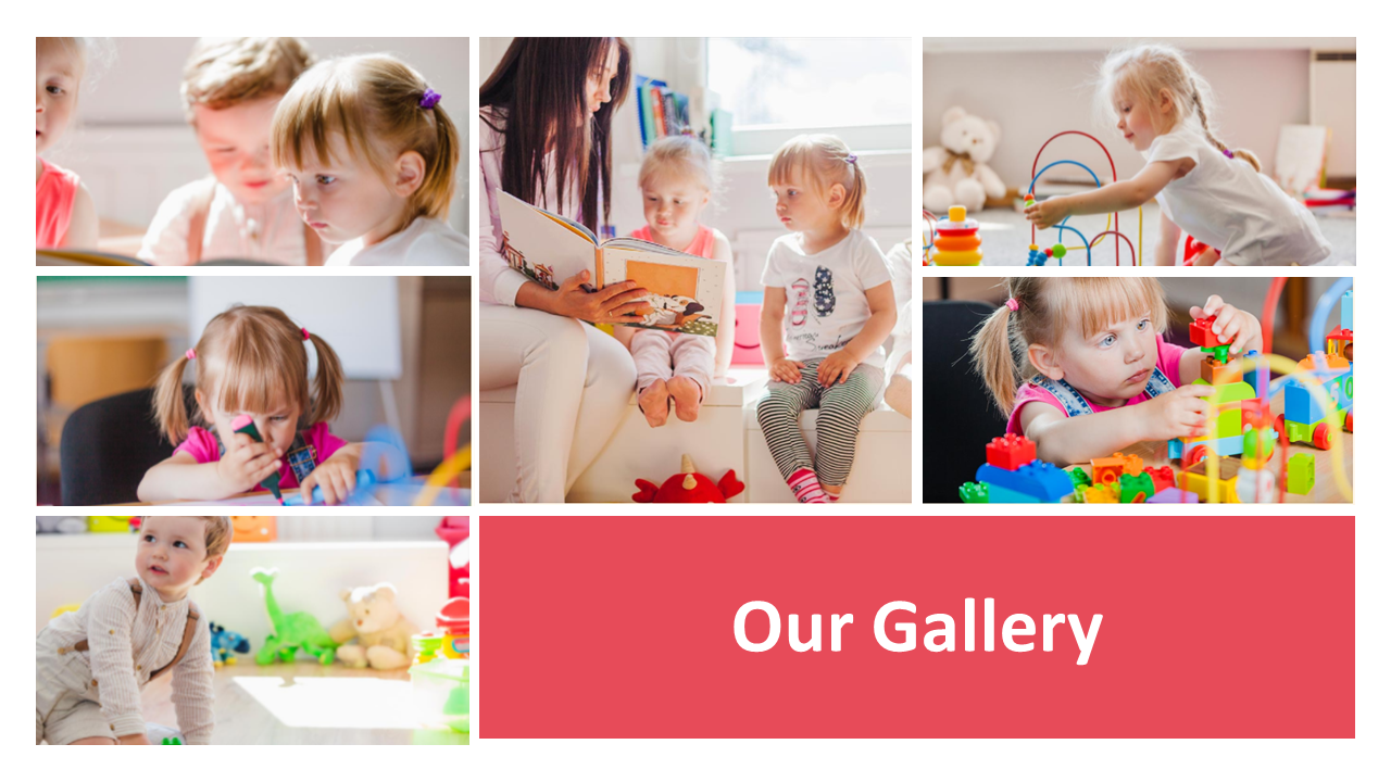 Gallery slide showing children engaging in various activities like reading, playing with toys, and building with blocks.