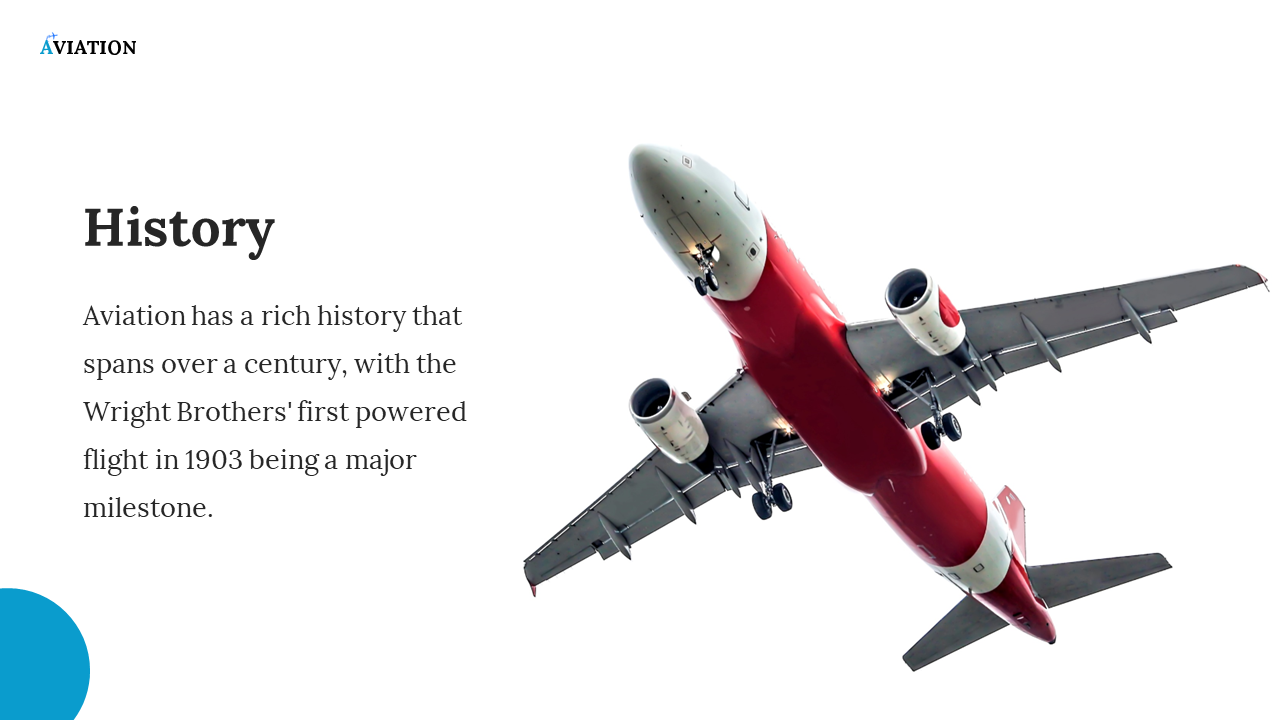 Aviation history slide with a photo of an airplane in flight and a brief description of its rich history on a white theme.