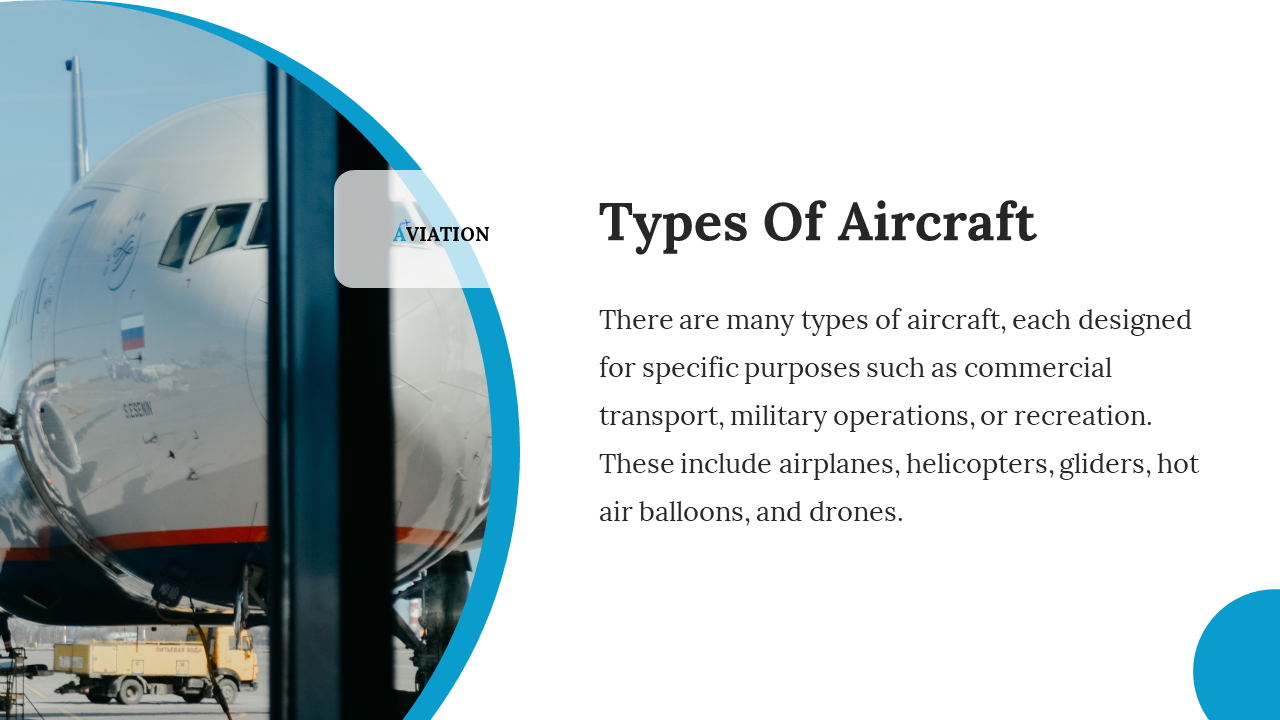 Slide on the types of aircraft, featuring an airplane in the background, with text discussing various aircraft types.