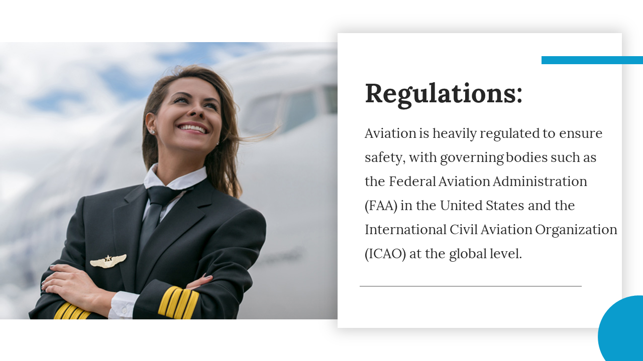 A female pilot smiling in front of a plane, accompanied by text explaining aviation safety regulations by the FAA and ICAO.