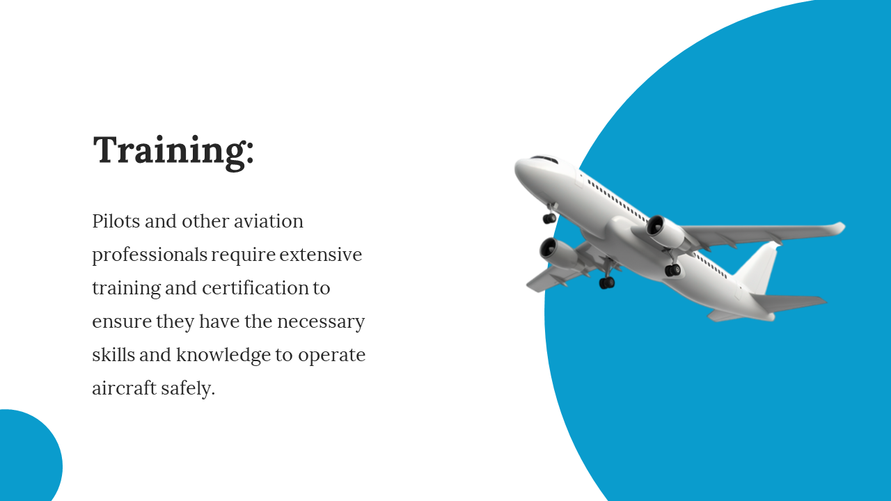 Airplane flying with a slide describing the training and certification required for aviation professionals on a white theme.