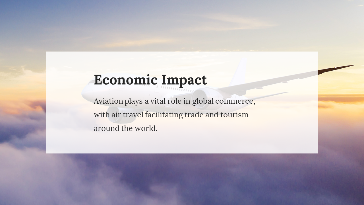 A passenger airplane flying above the clouds illustrates aviation's vital role in global commerce, trade, and tourism.