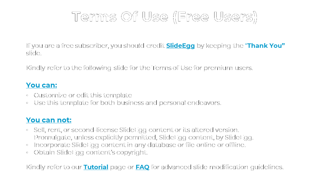 Terms of Use for free SlideEgg users, detailing permission to customize templates and restrictions on a white backdrop.