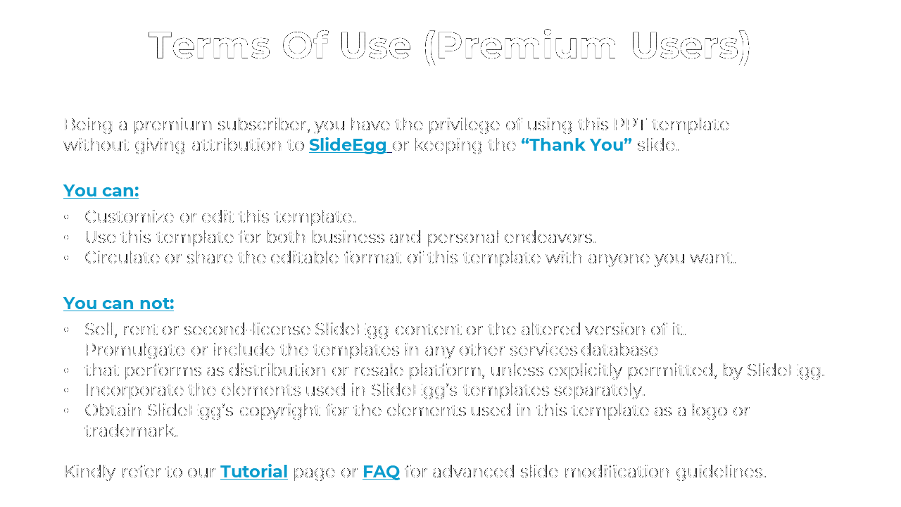 Premium SlideEgg terms, granting permission to customize, edit, and circulate templates on a white backdrop.