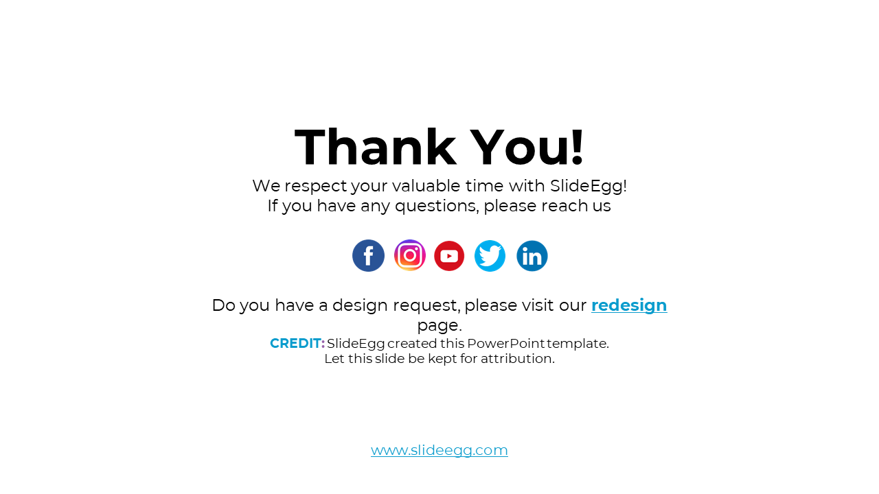 Thank you slide with SlideEgg branding, featuring contact information and social media links on a white backdrop.
