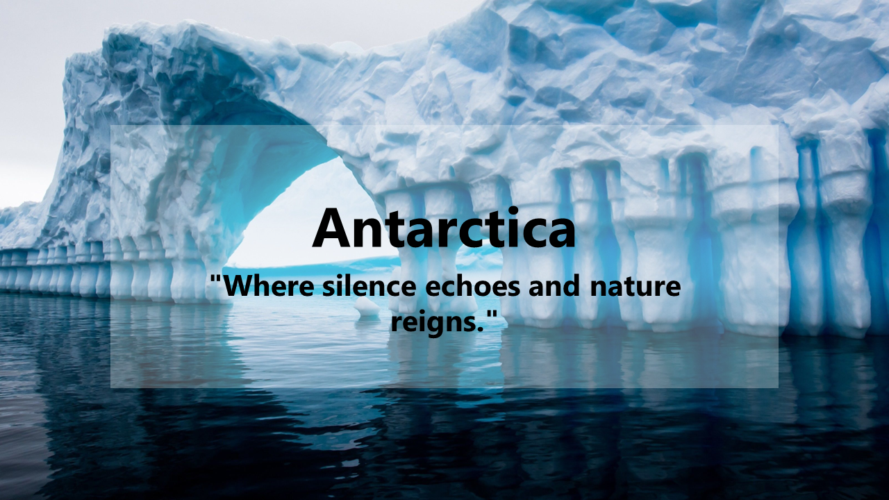Antarctic landscape featuring an iceberg with the quote, Where silence echoes and nature reigns, on the image.