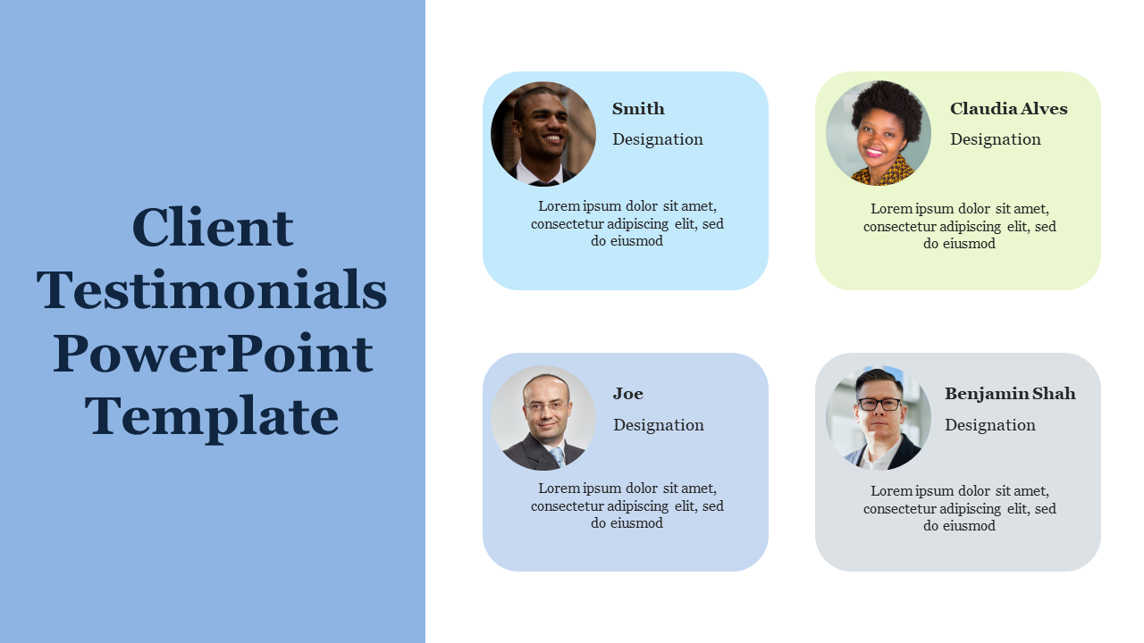 Client testimonials PowerPoint template featuring four clients, each with their name, designation, and a brief description.