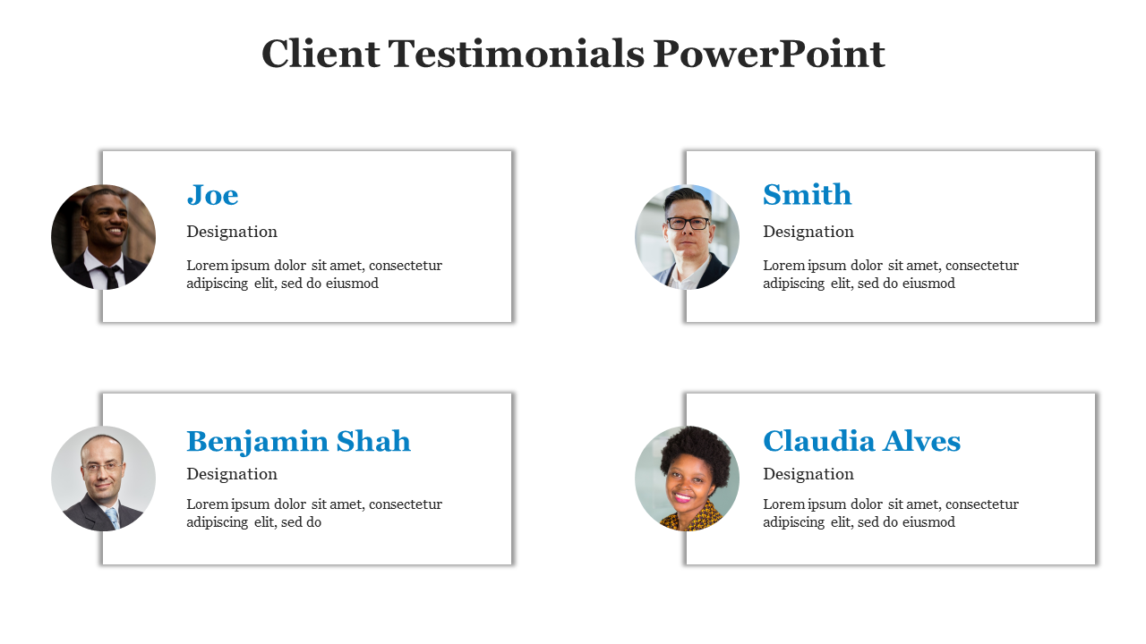 Client testimonials slide showing four individuals Joe, Smith, Benjamin Shah, and Claudia Alves with their photos.