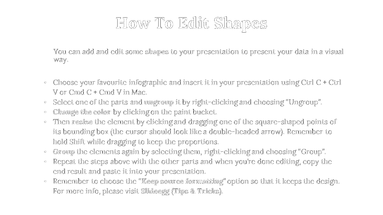 Guide on how to edit shapes in a PPT presentation, including steps to ungroup, resize, and group elements back together.