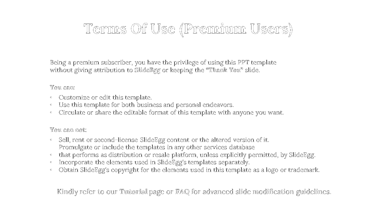 Terms of Use for premium users of SlideEgg, outlining the rights to use, customize, and share the template.