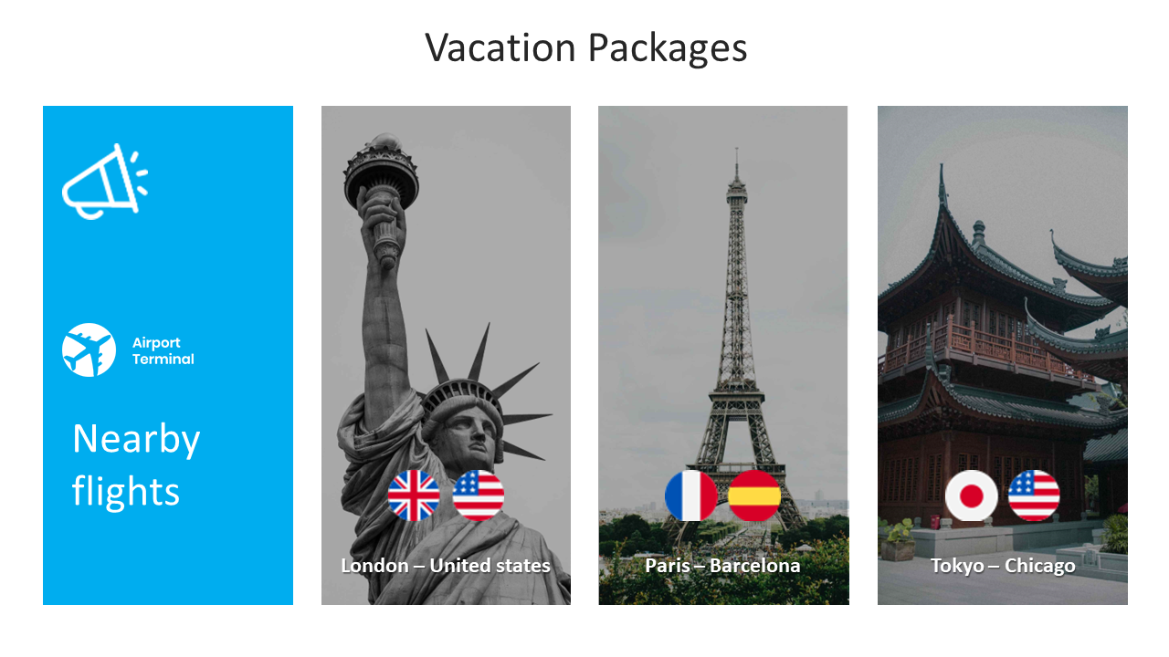 Vacation Packages slide showcasing nearby flights and three destinations a Statue of Liberty, Eiffel Tower, and a pagoda.