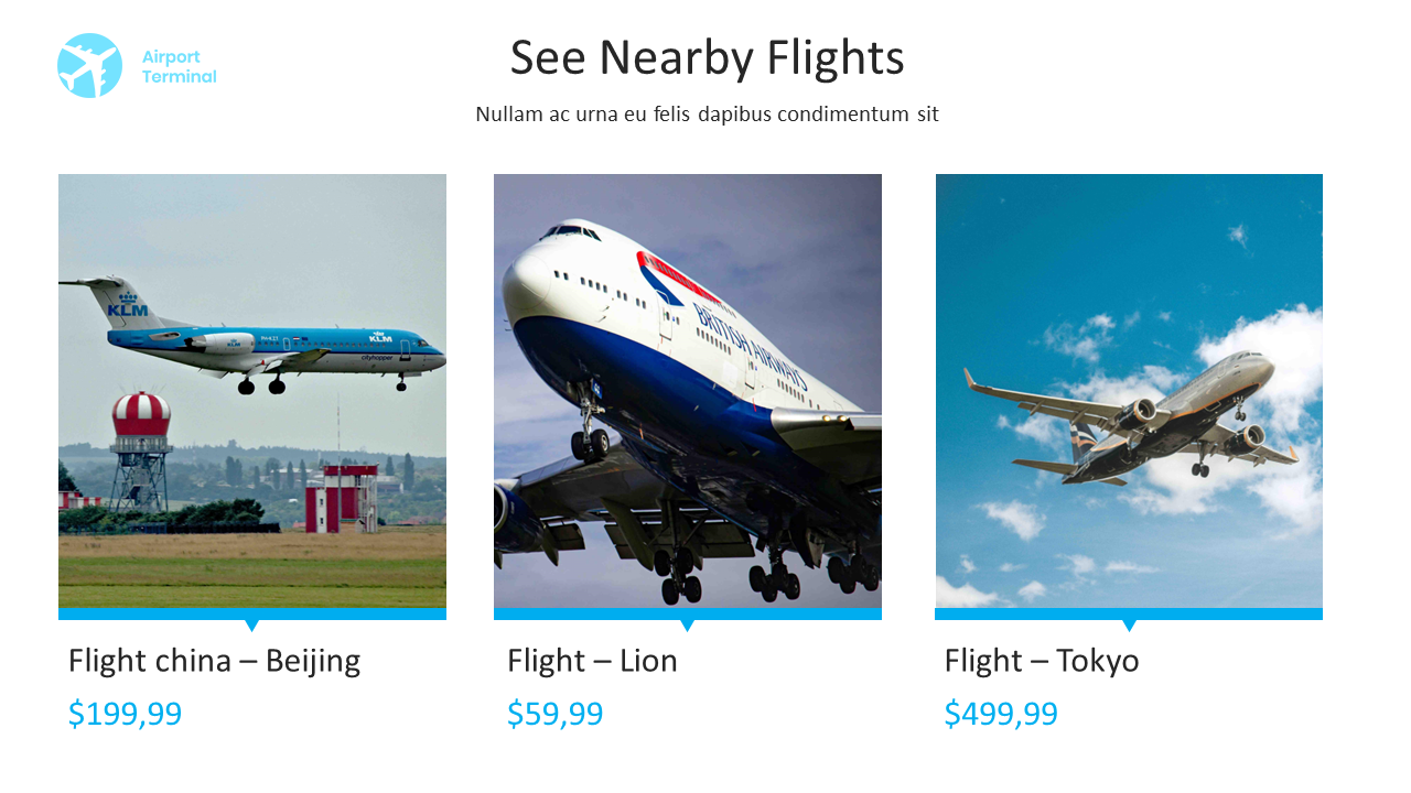 Three airplanes in the sky, each representing a different flight to Beijing, Lion, and Tokyo, with their respective prices.