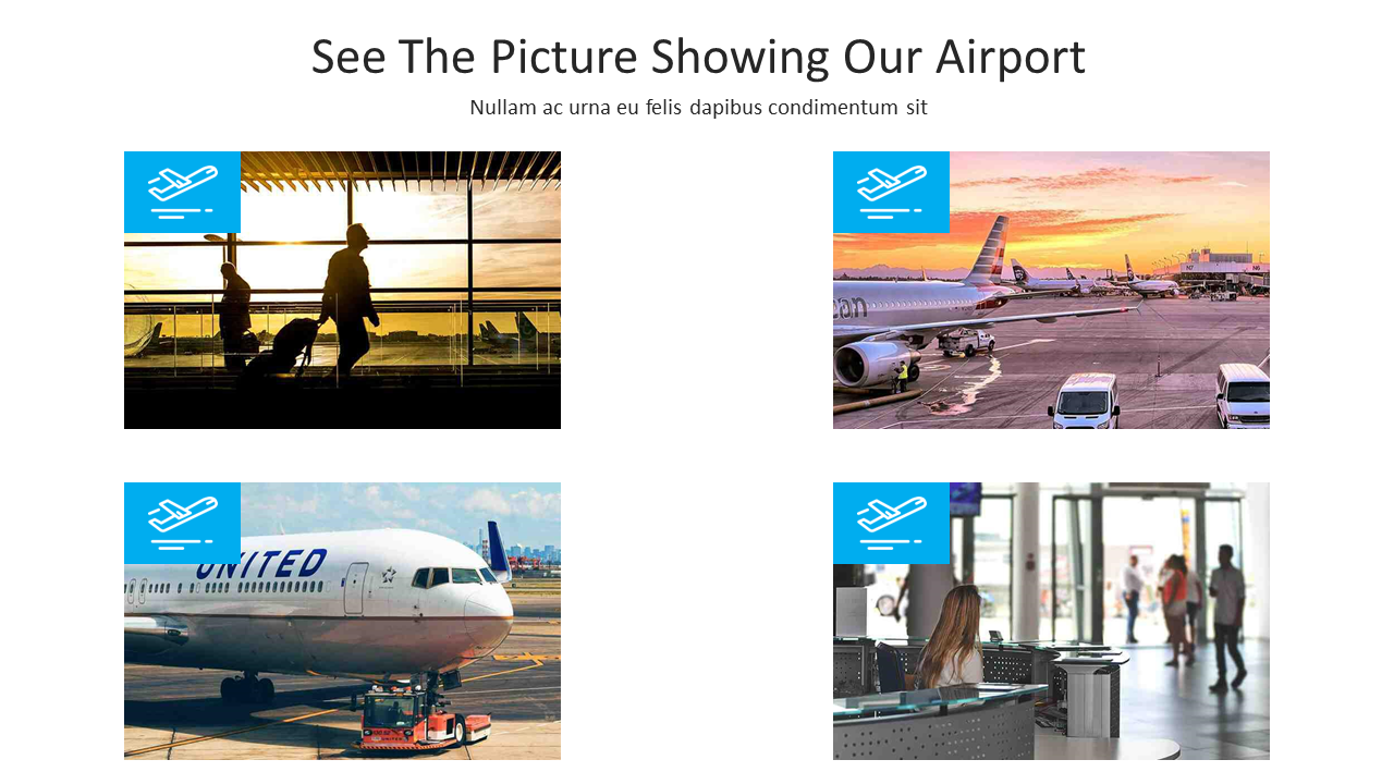 Four images show different views of airport passengers walking past large windows and a plane on the runway, a check in desk.