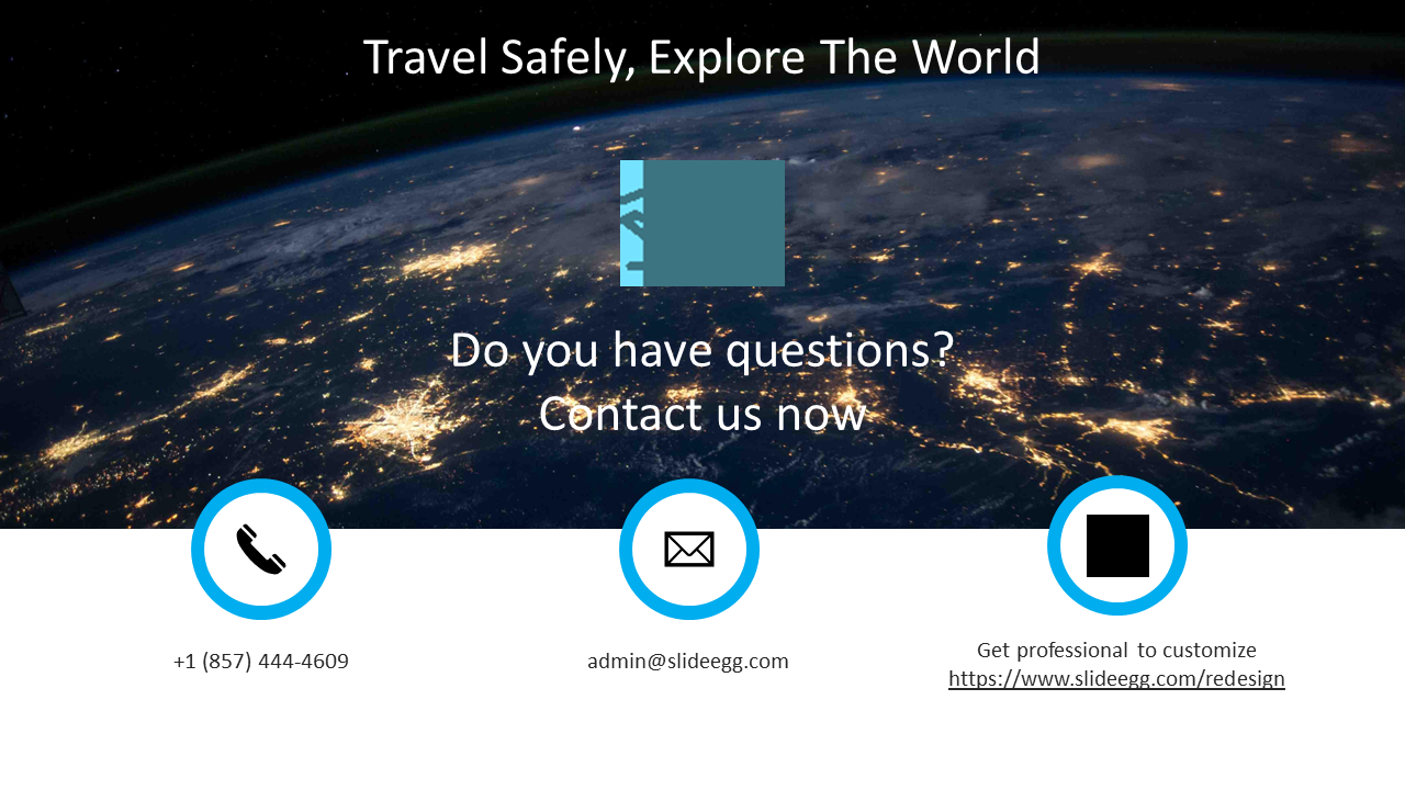A global view of Earth with city lights, featuring contact information icons phone, email, and a link with icons.