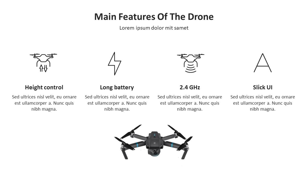 A slide detailing the main features of a drone, including height control, long battery, 2.4 GHz frequency, and a slick UI.