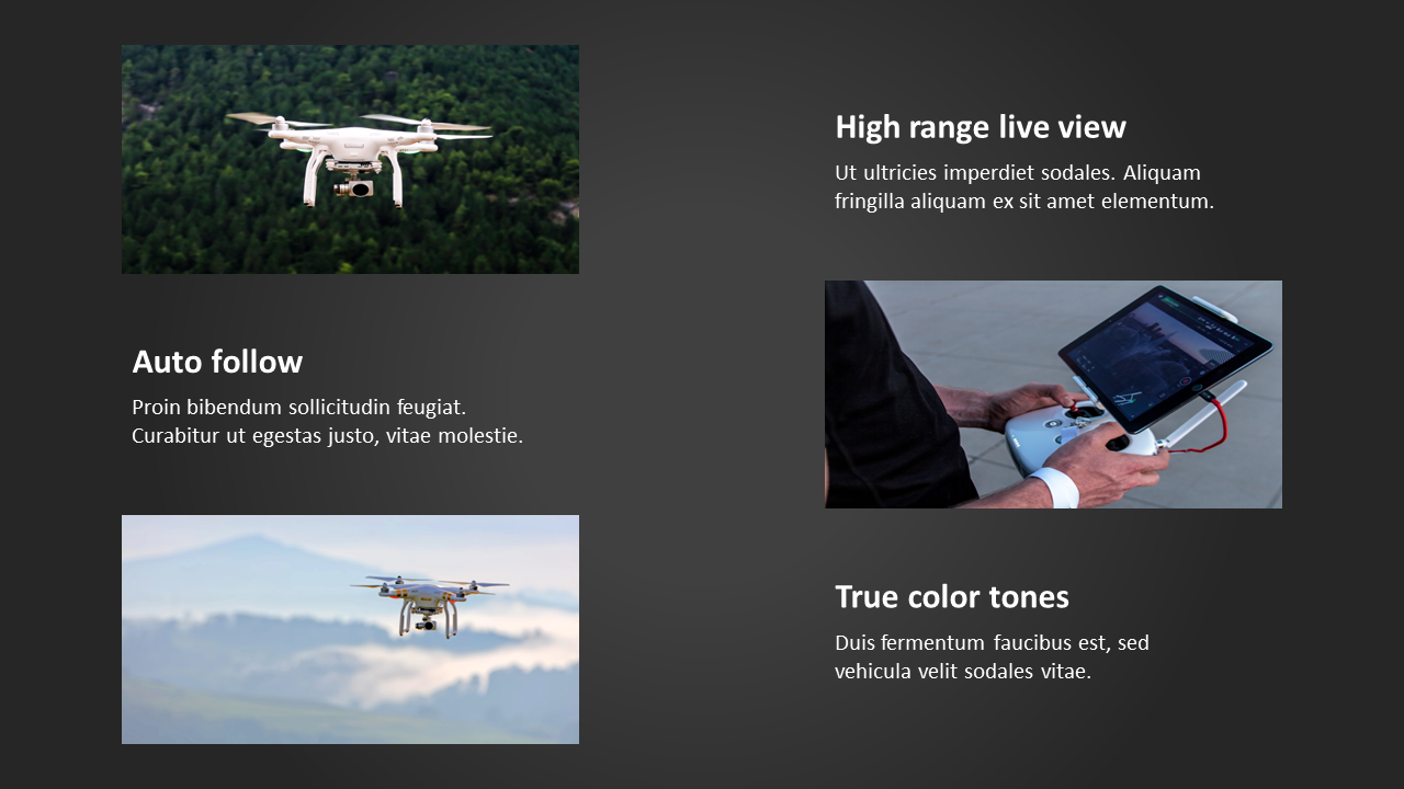 A slide highlighting three drone features high range live view, auto follow, and true color tones, with images of drone.