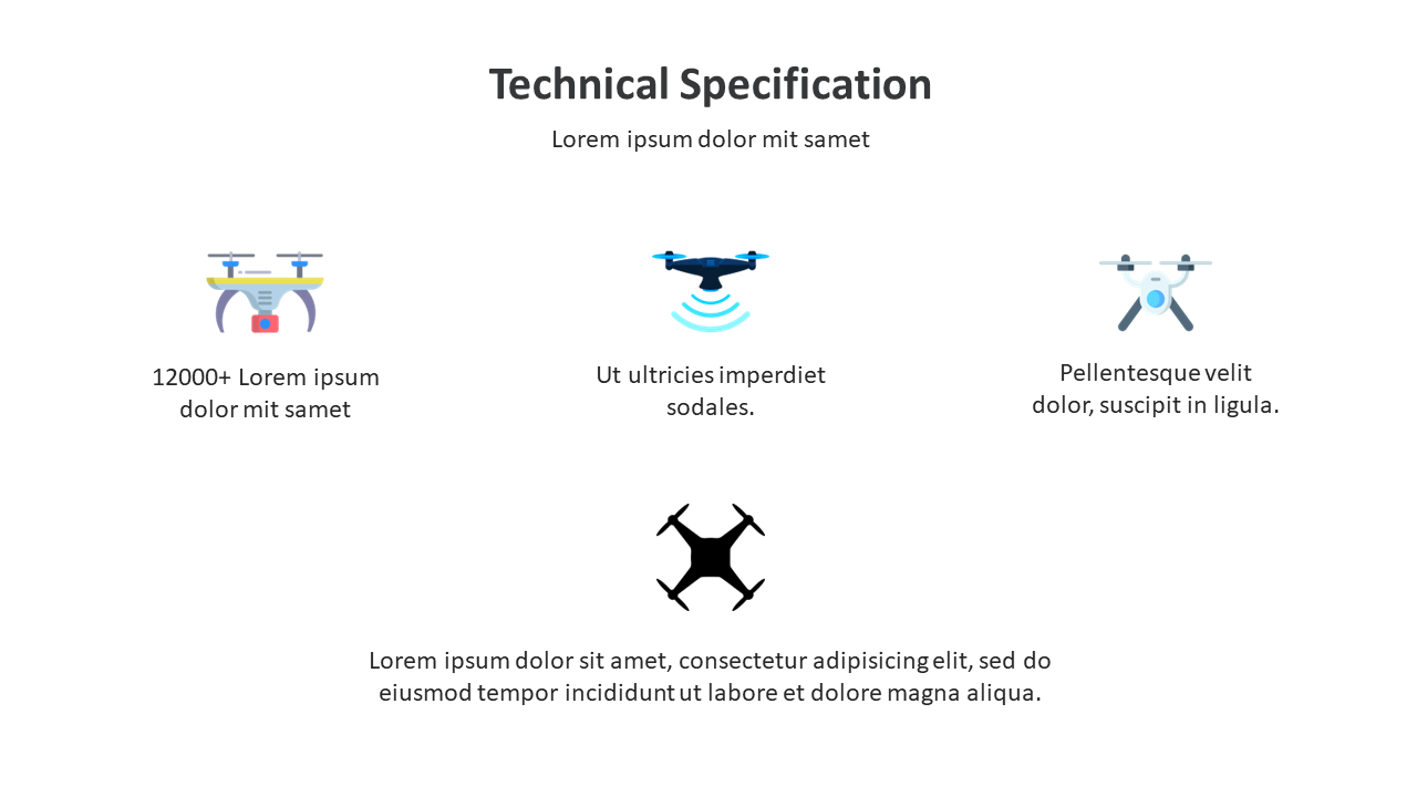 Slide displays technical specifications for drone icons for features such as 12000 units, wireless capability and its design.