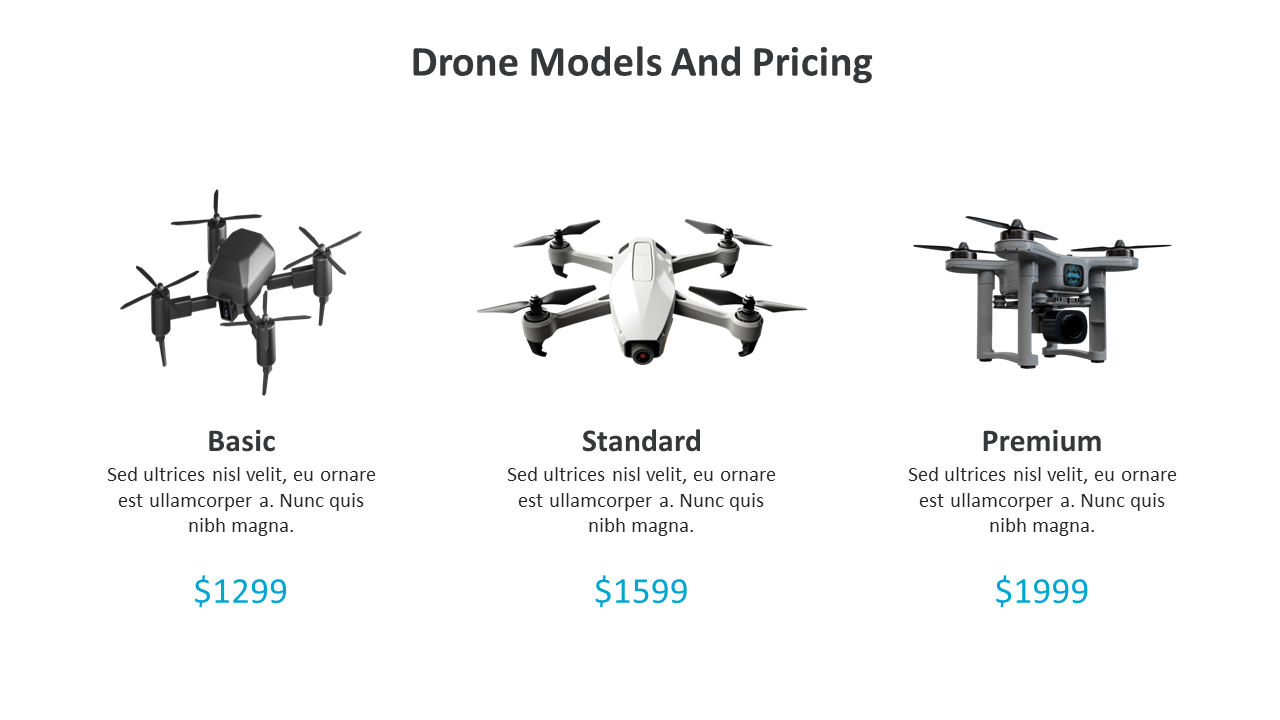A slide showcasing different drone models and their prices with a brief description of each model.