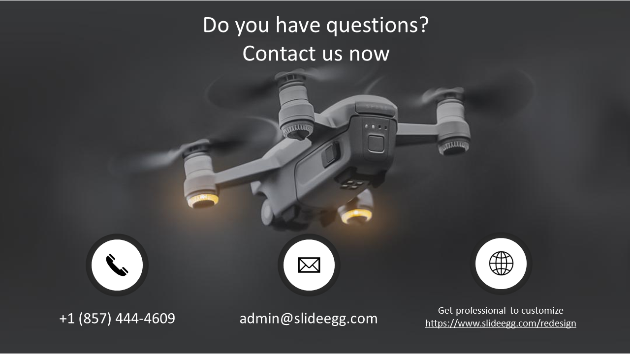 A slide featuring a drone in flight, with contact details including a phone number, email address, and a website link.