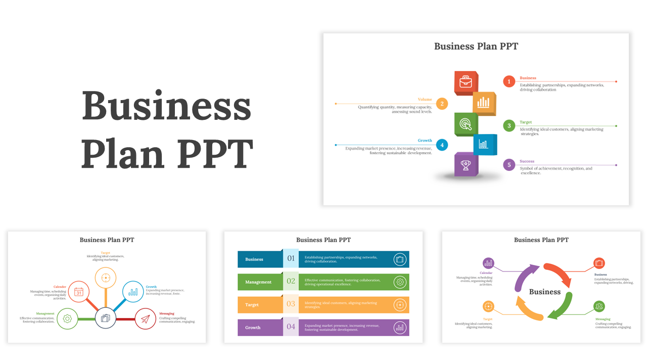 Business Plan PPT slides showcasing key business areas such as volume, growth, target, and success with colorful icons.