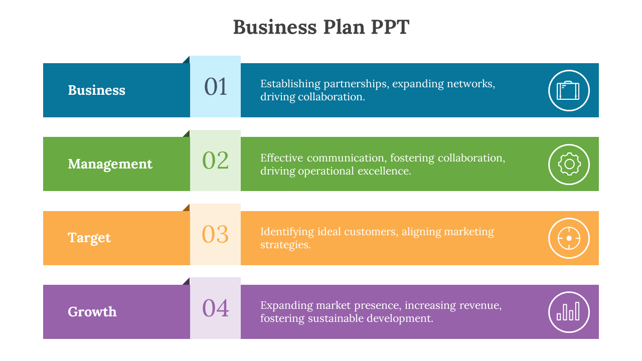 Business plan PowerPoint template with categories from business to growth, each represented with colored sections and icons.
