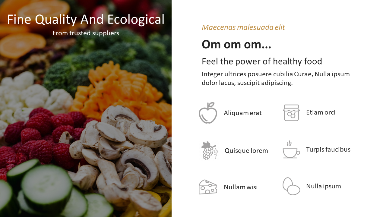 A slide promoting fine quality, ecological food from trusted suppliers, with an image of fresh vegetables and fruits, and icons.