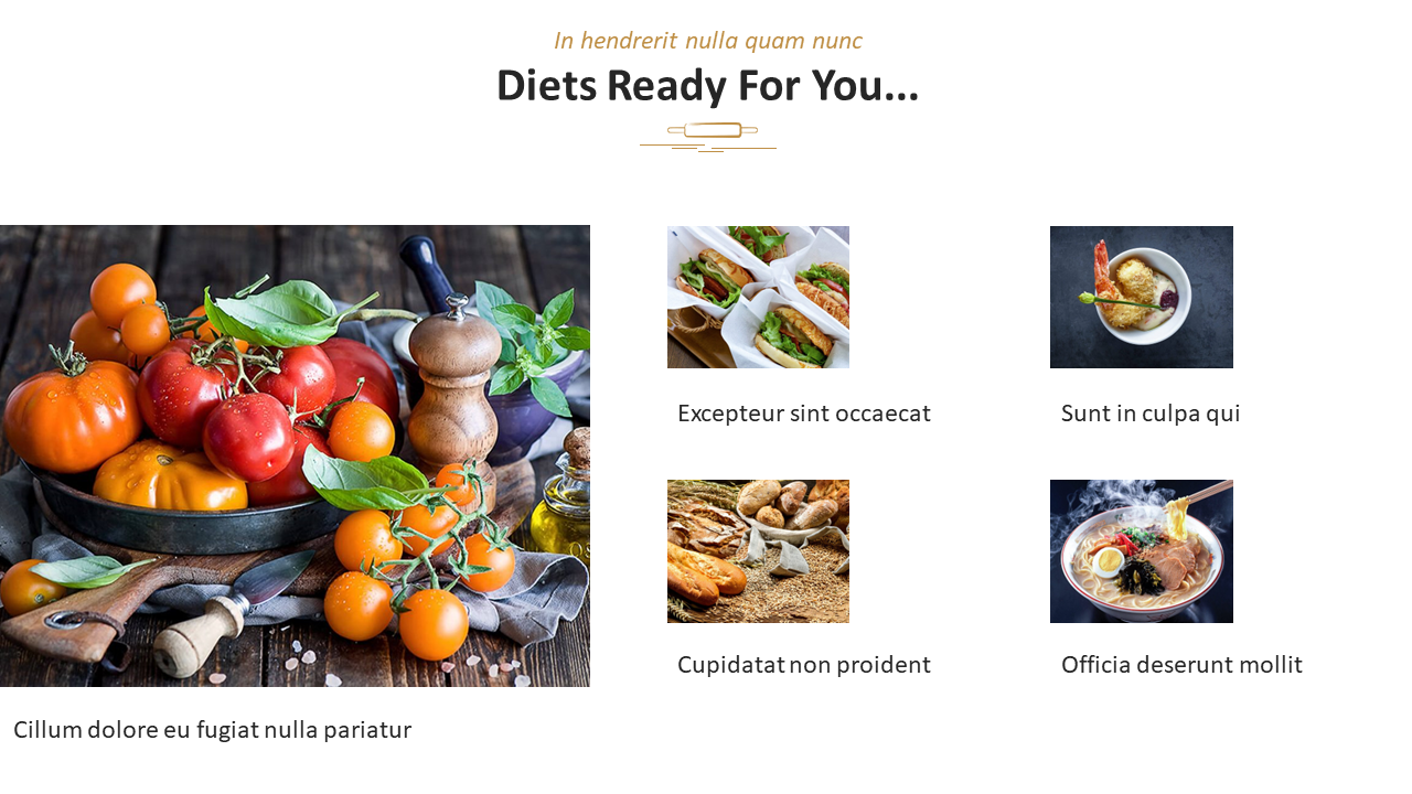 A slide showcasing different diet options with images of fresh tomatoes, sandwiches, baked goods, a shrimp dish, and ramen.