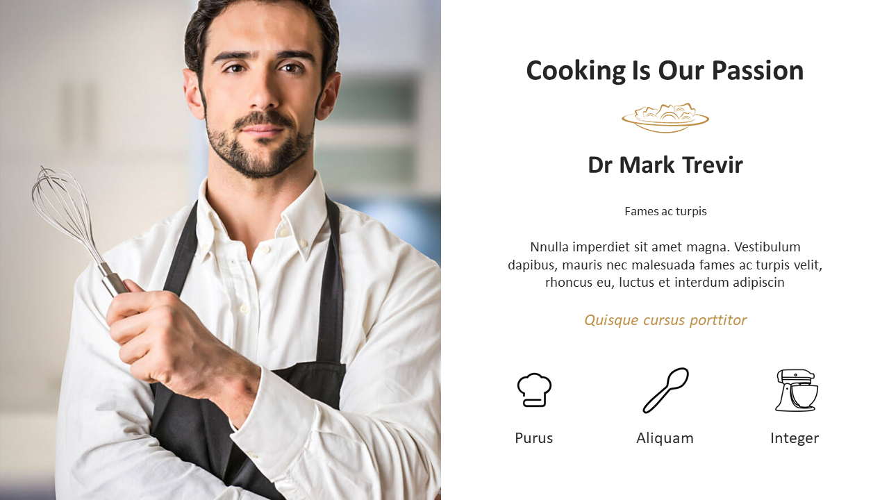 Slide showcasing Dr. Mark Trevir a professional chef, holding a whisk with the text alongside a few icons related to cooking.