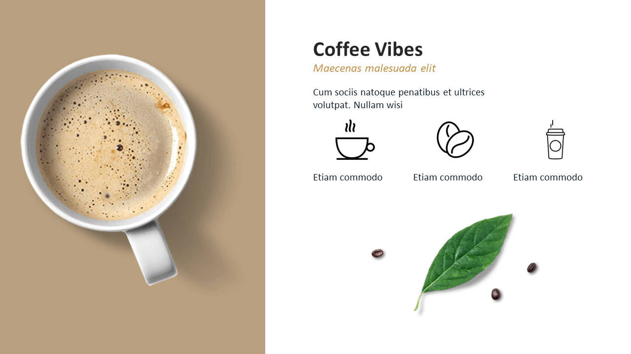 A close up of a cup of coffee with froth, titled Coffee Vibes, accompanied by icons representing coffee, beans, and a cup.