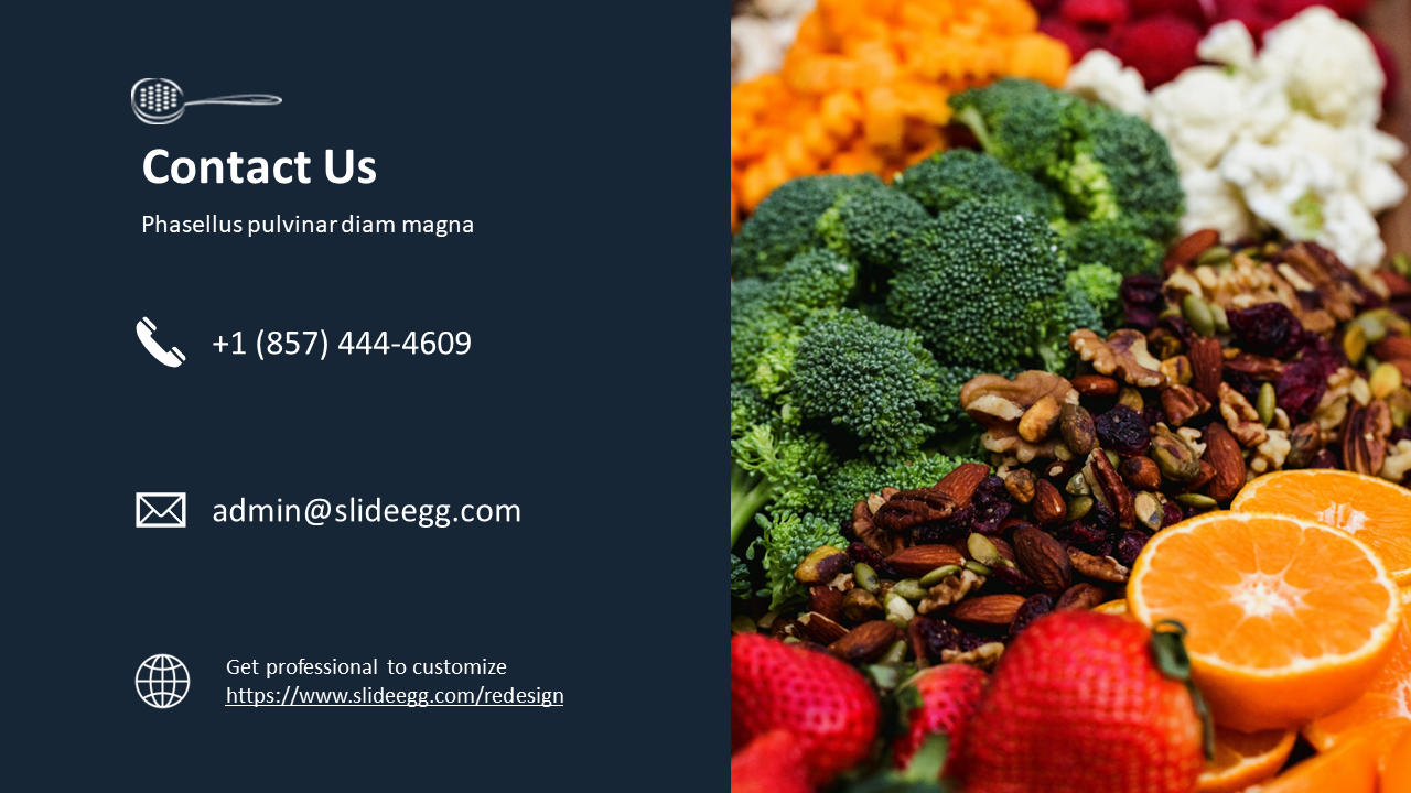 A contact slide featuring fruits and vegetables in the background with phone, email, and website contact details displayed.