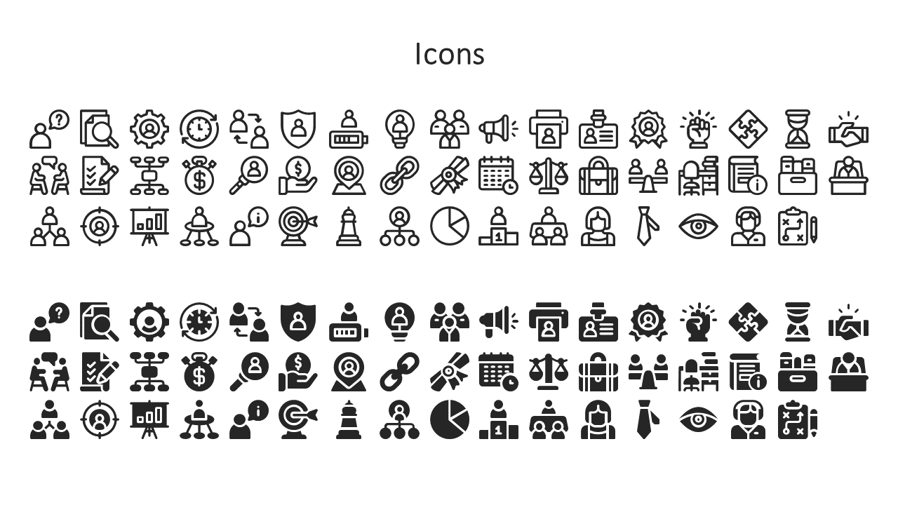 A grid of black and white icons representing business, security, communication, and teamwork on a white backdrop.
