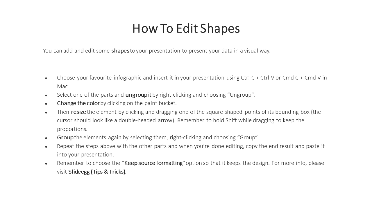PowerPoint tutorial on editing infographic shapes with instructions for ungrouping, resizing, and grouping elements.