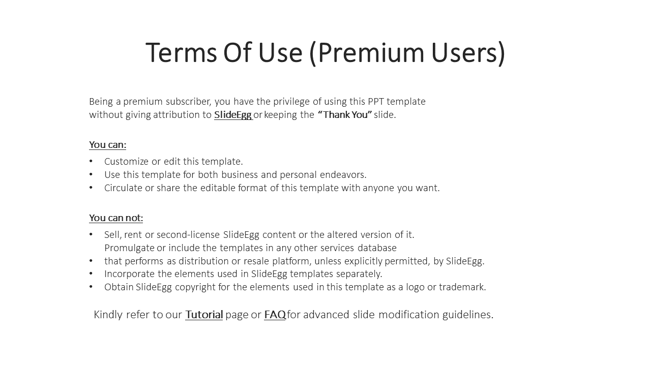 PowerPoint slide detailing the terms of use for premium users, with guidelines for customizing templates on a white theme.