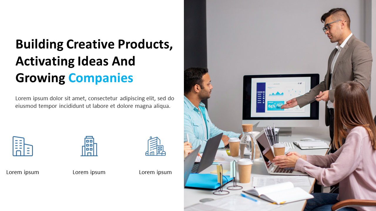 Business team discussing creative ideas and company growth with a data presentation on a screen with icons.
