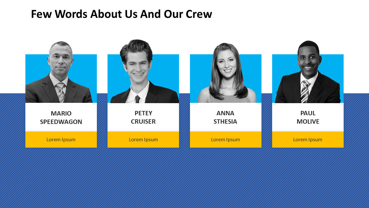 Team of four individuals, each with a portrait and their name below them, featuring a blue and yellow color scheme.