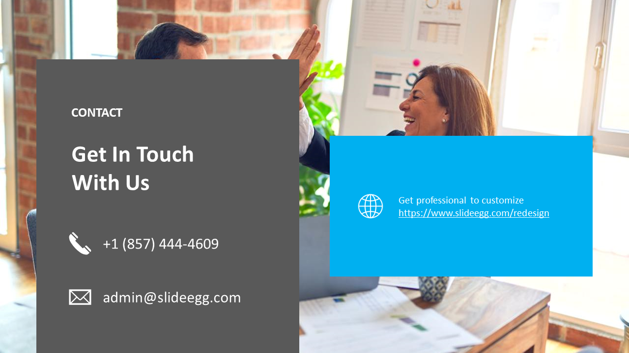 A business team celebrating with a high five, featuring contact details on the left side on a yellow and blue section.
