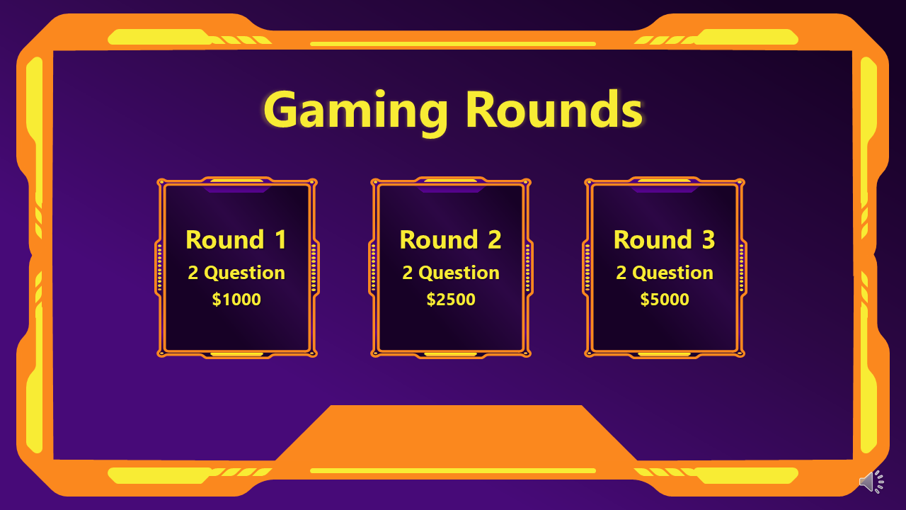 Gaming Rounds title with three options on a purple background with an orange border.