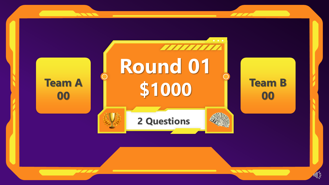Round 01 slide displayed centrally with teams A and  B against a purple background with an orange frame.
