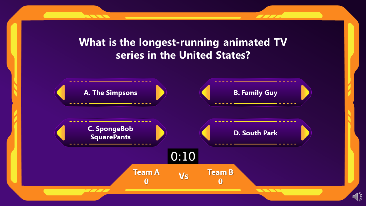 Quiz question PowerPoint slide with answer choices on a purple backdrop with an orange frame.