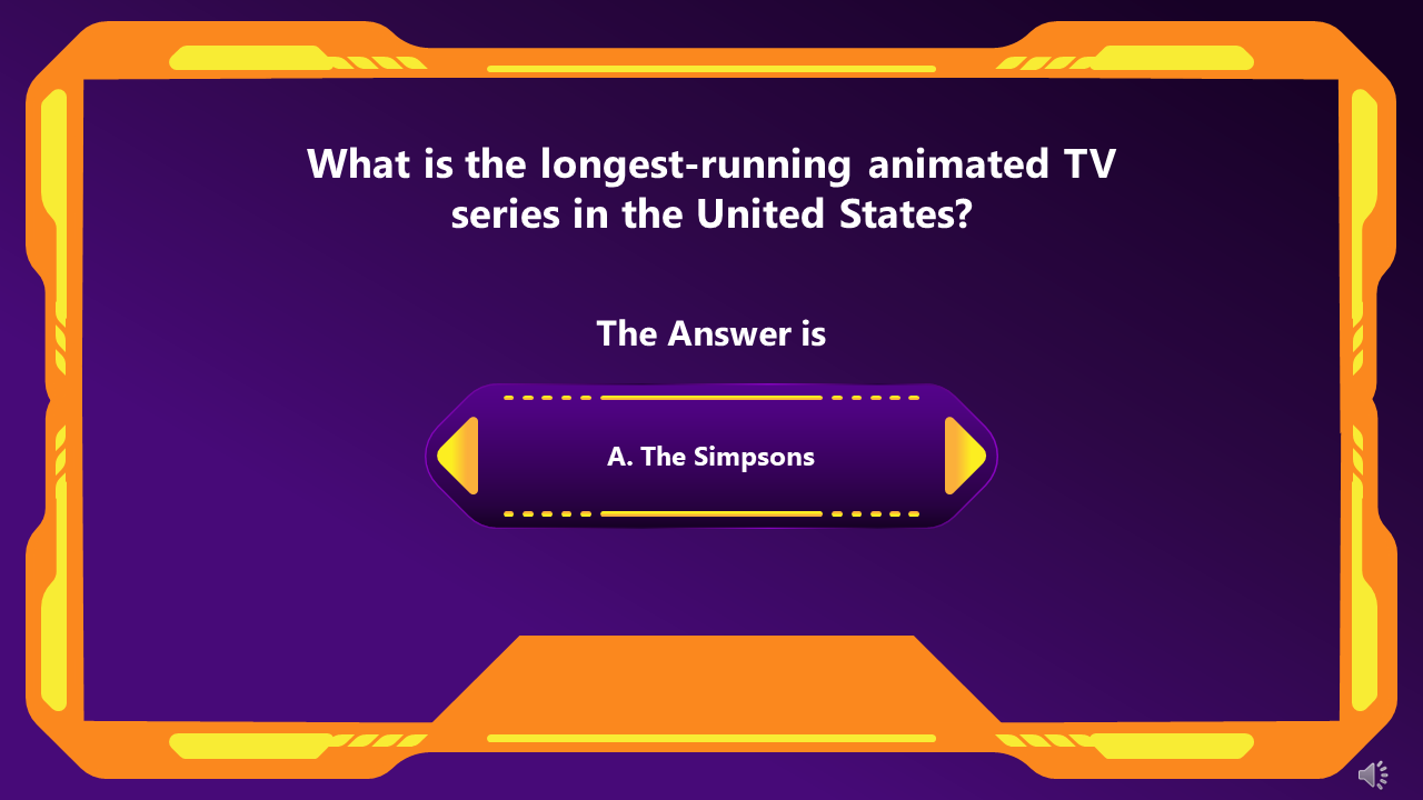 Quiz question PowerPoint slide with answer choices on a purple background with an orange frame.