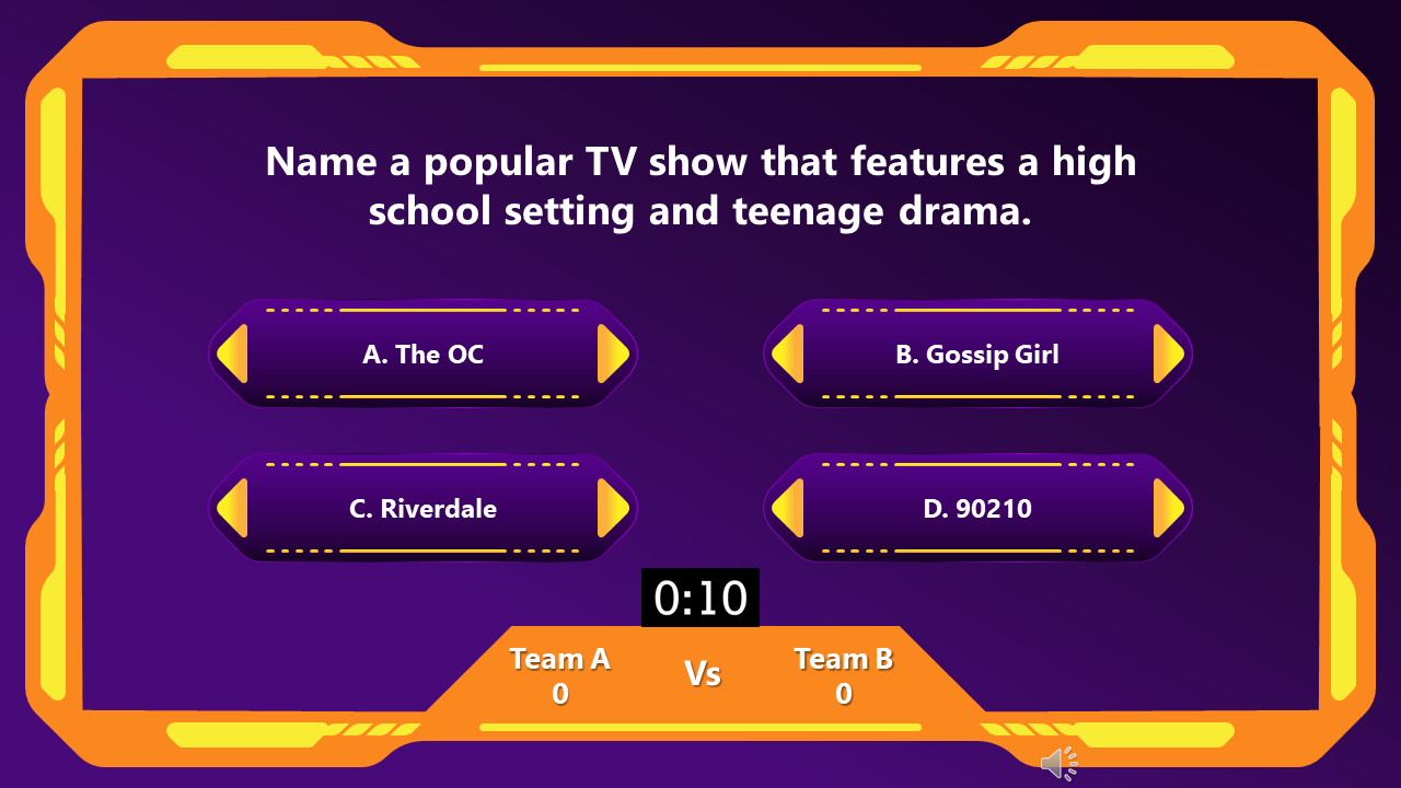 Quiz question PPT slide with answer choices on a purple background with an orange frame.
