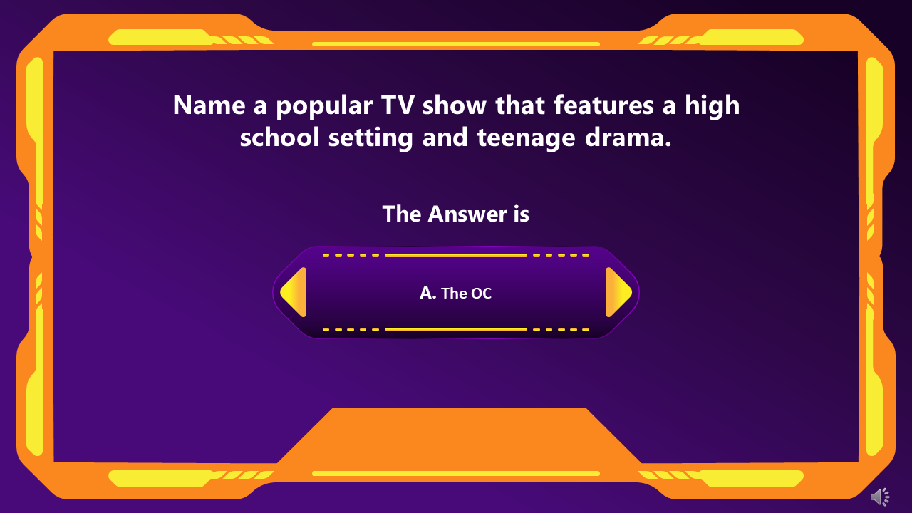 Quiz question slide with four answer choices on a purple background with an orange frame.