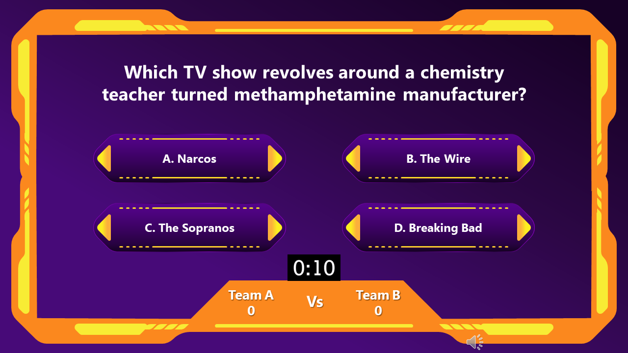 Quiz question PowerPoint slide with choices on an orange border and purple backdrop.