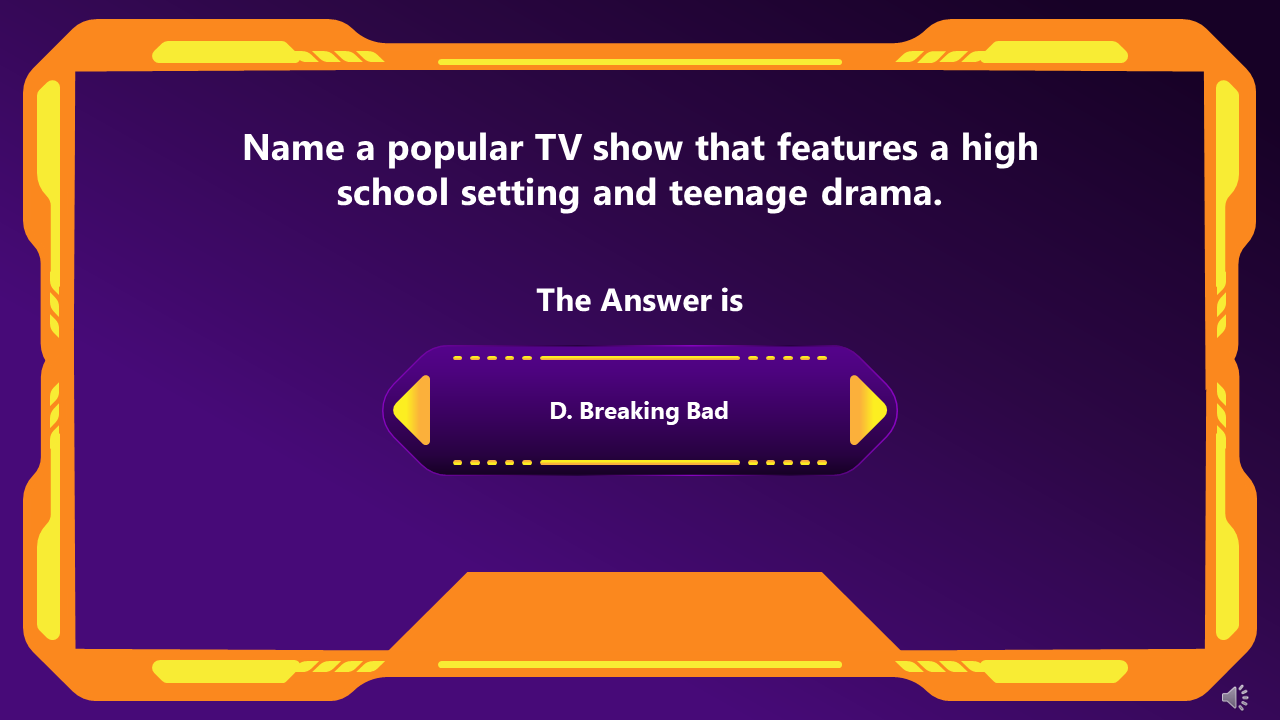 Quiz question PowerPoint slide with an answer on an orange border and purple backdrop.