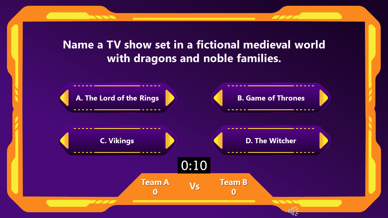 Quiz question PowerPoint slide with four answer choices on an orange border and purple backdrop.