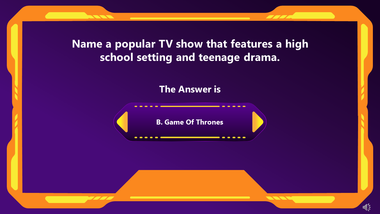 Quiz question PowerPoint slide with one answer option on an orange border and purple backdrop.